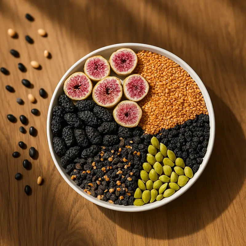 Cuenco de higos, semillas y bayas para té de progesterona natural promoviendo alivio de los cólicos menstruales